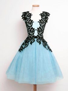 High End Straps Sleeveless Dama Dress for Quinceanera Knee Length Lace Aqua Blue Tulle
