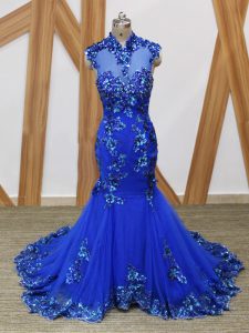 Royal Blue Homecoming Dress Tulle Brush Train Sleeveless Lace and Appliques
