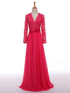 Hot Pink V-neck Zipper Lace and Appliques and Belt Evening Dress Long Sleeves