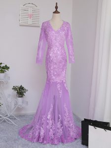 Amazing Lilac V-neck Neckline Lace and Appliques Homecoming Dress Long Sleeves Side Zipper
