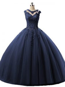 Navy Blue Sleeveless Beading and Lace Floor Length Quince Ball Gowns
