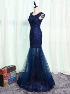 Romantic Tulle Scoop Sleeveless Zipper Beading and Lace and Appliques Prom Dress in Navy Blue