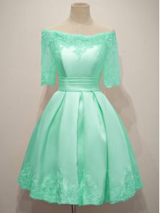New Style Turquoise A-line Taffeta Off The Shoulder Half Sleeves Lace Knee Length Lace Up Court Dresses for Sweet 16