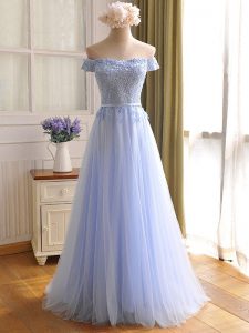 Tulle Off The Shoulder Sleeveless Lace Up Appliques Prom Dress in Lavender