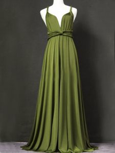 High Quality Olive Green Chiffon Criss Cross Quinceanera Court of Honor Dress Sleeveless Floor Length Ruching