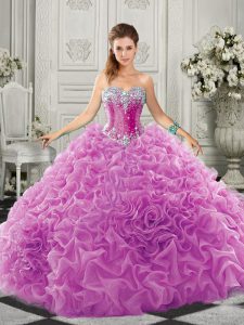 Wonderful Lilac Organza Lace Up Quinceanera Gown Sleeveless Court Train Beading and Ruffles