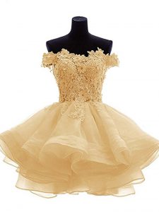 Gold Off The Shoulder Neckline Lace and Appliques and Ruffles Evening Dress Sleeveless Zipper