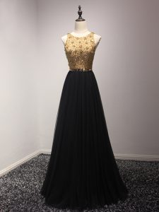 Beading and Lace and Appliques Prom Party Dress Black Lace Up Sleeveless Floor Length