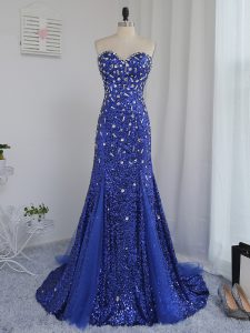 Sleeveless Beading and Sequins Zipper Prom Dress with Royal Blue Brush Train
