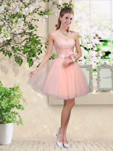 Elegant Peach Tulle Lace Up Vestidos de Damas Sleeveless Knee Length Lace and Belt