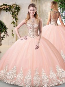 Free and Easy Scoop Sleeveless Backless 15th Birthday Dress Peach Tulle