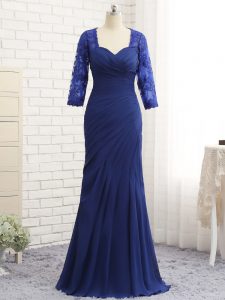 Discount Chiffon 3 4 Length Sleeve Floor Length Prom Dress and Beading and Lace and Appliques and Ruching