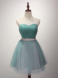 Beading and Ruching Dama Dress for Quinceanera Green Lace Up Sleeveless Mini Length
