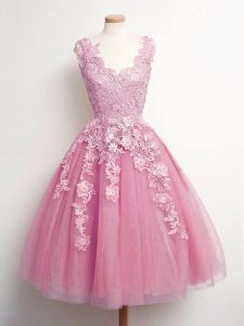 Enchanting Pink V-neck Lace Up Lace Quinceanera Court of Honor Dress Sleeveless
