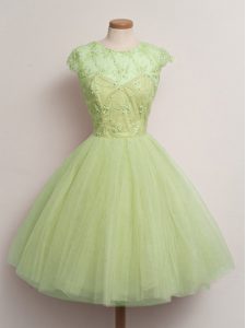 Yellow Green Dama Dress for Quinceanera Prom and Party and Wedding Party with Lace Scoop Cap Sleeves Lace Up