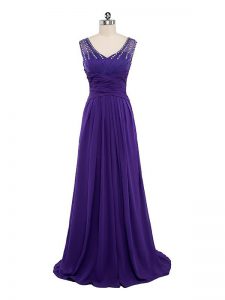 Purple Empire Chiffon V-neck Sleeveless Beading and Ruching Floor Length Side Zipper