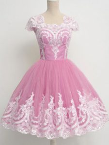 Extravagant Tulle Square Cap Sleeves Zipper Lace Quinceanera Dama Dress in Rose Pink