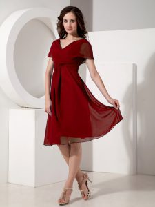Knee Length Empire Short Sleeves Red Dress for Prom Zipper