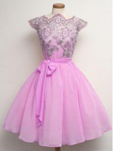 Lace and Belt Quinceanera Dama Dress Lilac Lace Up Cap Sleeves Knee Length