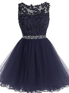 Mini Length Zipper Prom Dresses Navy Blue for Prom and Party and Sweet 16 and Beach with Beading and Lace and Appliques and Ruffles