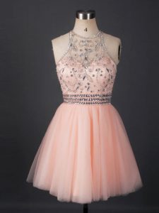 Traditional Peach Sleeveless Beading Mini Length Homecoming Dress