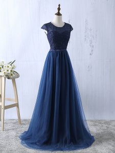 Fantastic Navy Blue Empire Scoop Short Sleeves Tulle Floor Length Zipper Lace and Appliques Prom Dress