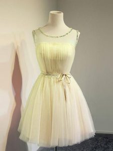 Vintage Knee Length Gold Vestidos de Damas Tulle Sleeveless Belt