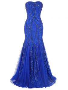 Royal Blue Tulle Lace Up Evening Dress Sleeveless Brush Train Sequins