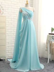Aqua Blue Sleeveless Chiffon Brush Train Zipper Dama Dress for Prom and Party and Wedding Party