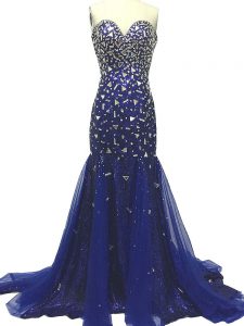 Dynamic Royal Blue Tulle Zipper Prom Dresses Sleeveless Brush Train Beading