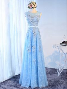 Baby Blue A-line Scoop Sleeveless Tulle Floor Length Zipper Beading and Lace and Appliques and Belt Evening Dress