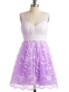 Lilac Straps Neckline Lace Dama Dress for Quinceanera Sleeveless Lace Up