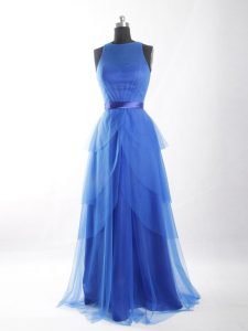 Best Selling Blue Tulle Zipper Scoop Sleeveless Floor Length Dress for Prom Beading and Ruffled Layers and Belt