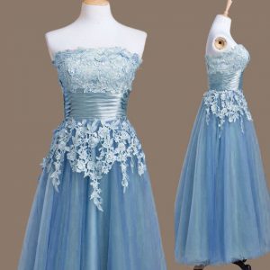 Appliques Quinceanera Court Dresses Blue Lace Up Sleeveless Tea Length