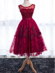 Fuchsia Scoop Neckline Lace Dama Dress for Quinceanera Sleeveless Zipper
