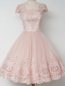 Peach A-line Lace Dama Dress Zipper Tulle Cap Sleeves Knee Length