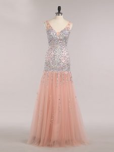 Peach Sleeveless Tulle Zipper Prom Party Dress for Prom