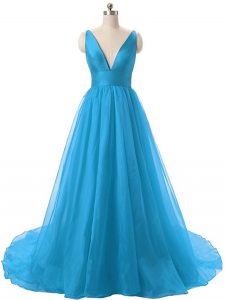 Excellent Blue Prom Dress V-neck Sleeveless Brush Train Backless