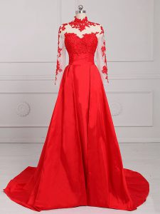 Best Lace and Appliques Prom Gown Red Backless Long Sleeves Brush Train