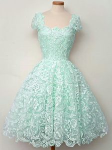 Suitable Knee Length Lace Up Dama Dress Apple Green for Prom and Party and Wedding Party with Lace