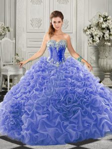 Lace Up Quinceanera Dresses Blue for Military Ball and Sweet 16 and Quinceanera with Beading and Ruffles Court Train