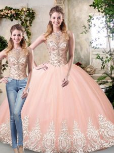 Scoop Sleeveless Quinceanera Dress Floor Length Beading and Lace and Appliques Peach Tulle