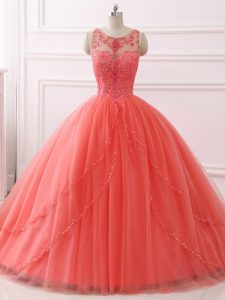 Fashionable Sleeveless Tulle Brush Train Lace Up Sweet 16 Dress in Coral Red with Beading and Lace