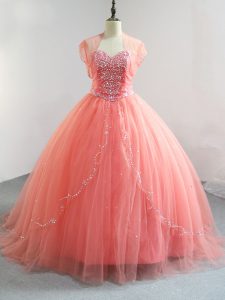 Nice Floor Length Watermelon Red Ball Gown Prom Dress Tulle Sleeveless Beading