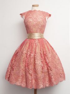 Classical Watermelon Red Ball Gowns Lace High-neck Cap Sleeves Belt Knee Length Lace Up Quinceanera Court of Honor Dress