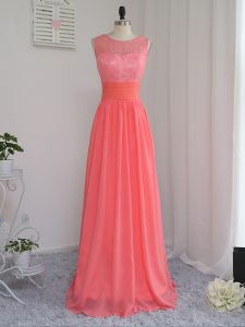 Watermelon Red Chiffon Zipper Quinceanera Dama Dress Sleeveless Floor Length Lace