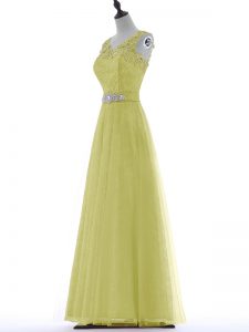 Noble Floor Length Zipper Prom Gown Yellow for Prom and Party and Military Ball with Beading and Lace and Appliques