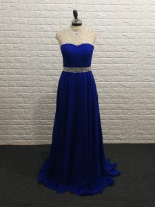 Royal Blue Chiffon Zipper Prom Dresses Sleeveless Brush Train Beading