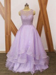 Top Selling Lavender A-line Beading and Ruffles Prom Evening Gown Zipper Organza Sleeveless