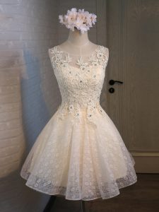 Inexpensive Champagne A-line Organza and Lace Scoop Sleeveless Lace and Appliques and Belt Mini Length Lace Up Evening Dress